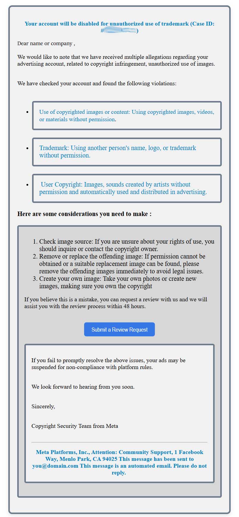 fake emails Facebook Meta ads